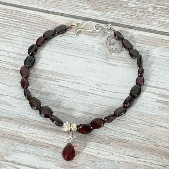 Garnet Beaded Bracelet Briolette Dangle Sterling Silver Clasp 7 1/2” Gem Stones - Picture 12 of 15